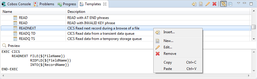 COBOL  Templates view  screenshot